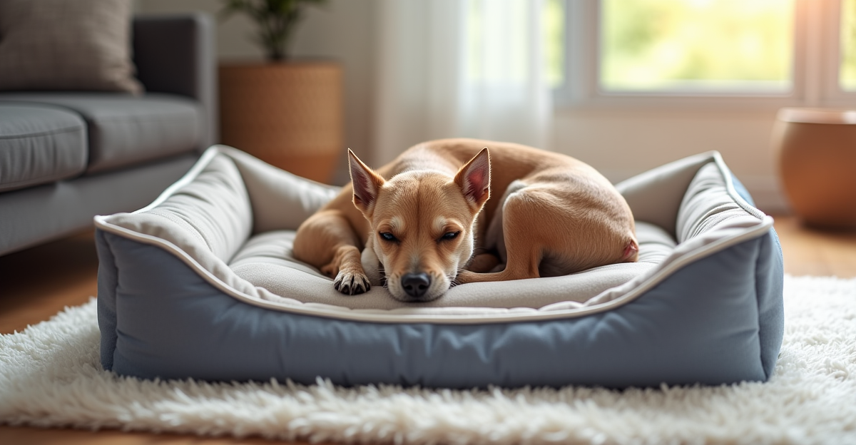 dog curled up on memory foam bed