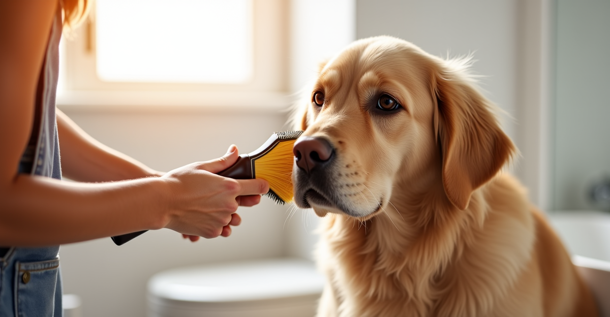 brushing a dog at home