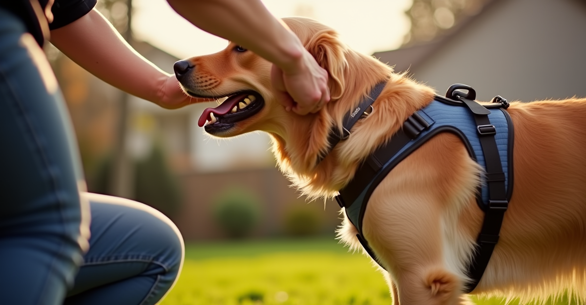person adjusting dog harness fit