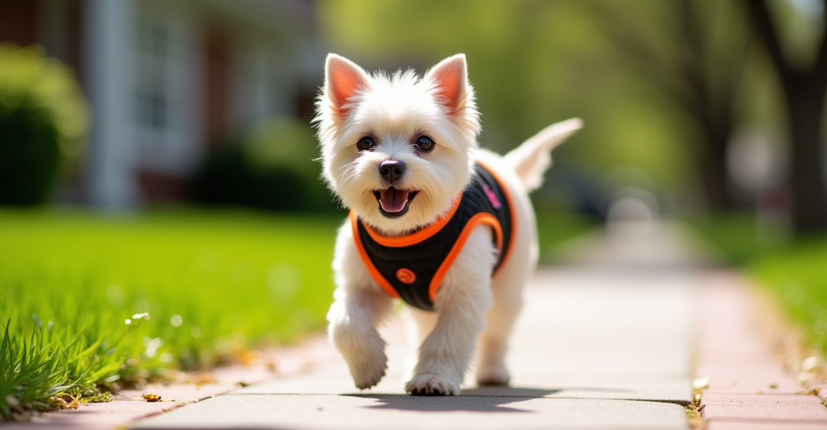 small dog in vest harness walking