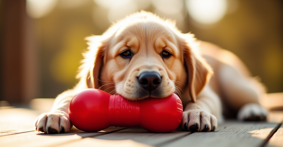 golden retriever playing with Kong toy