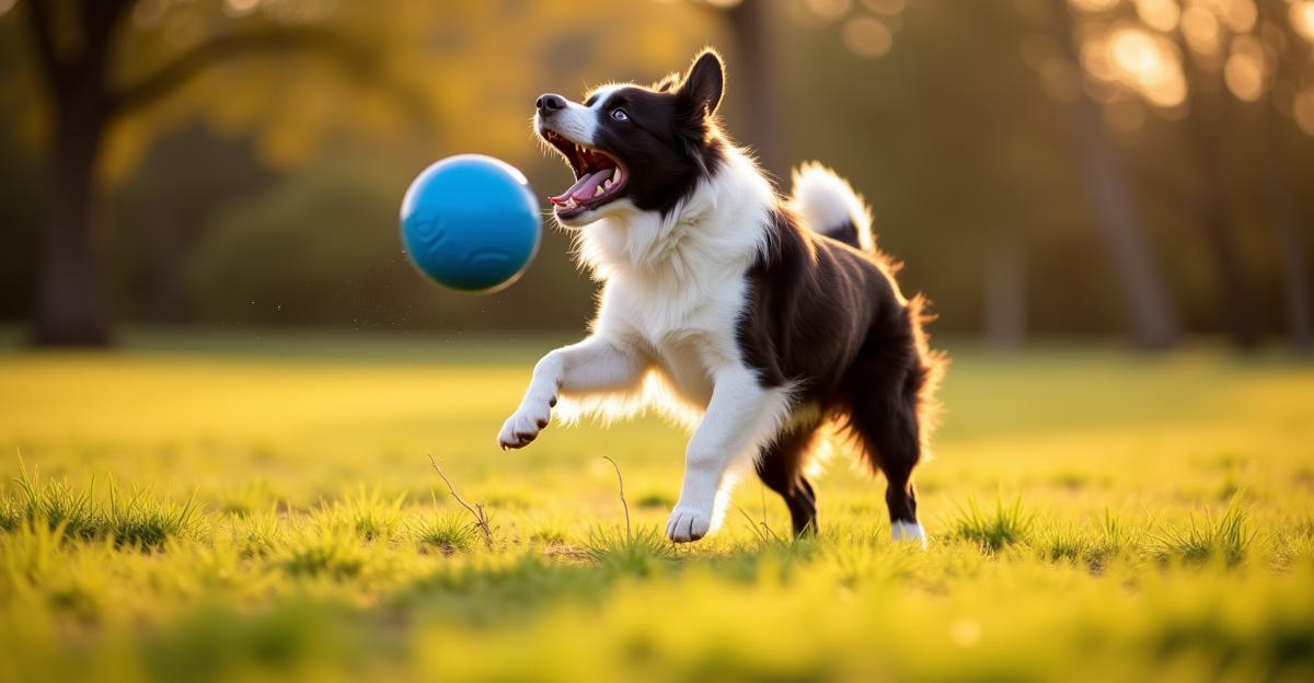 dog fetching Chuckit ball in park