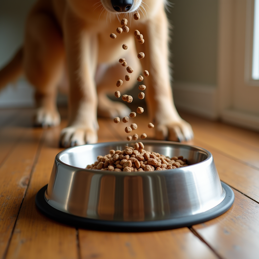 Budget dog food for large breeds in a stainless steel bowl
