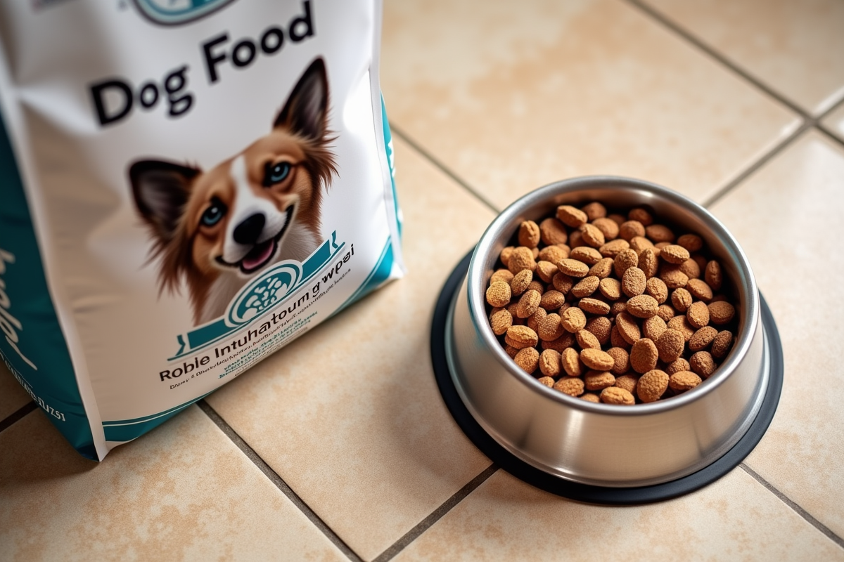 Close-up of a dog food bag and bowl on a kitchen floor, showing everyday pet supply costs