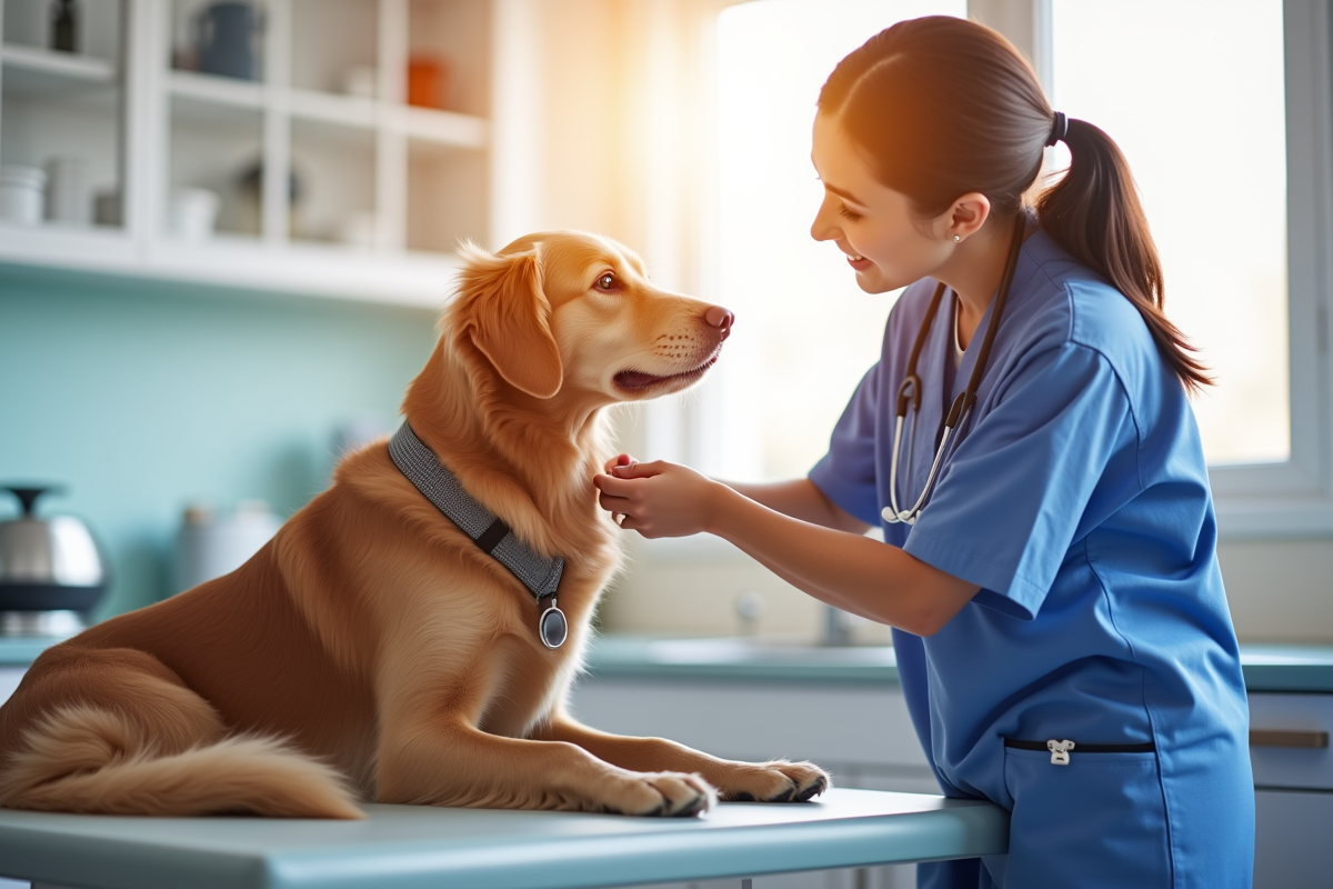 A dog being examined by a veterinarian in a clinic, representing unexpected veterinary costs