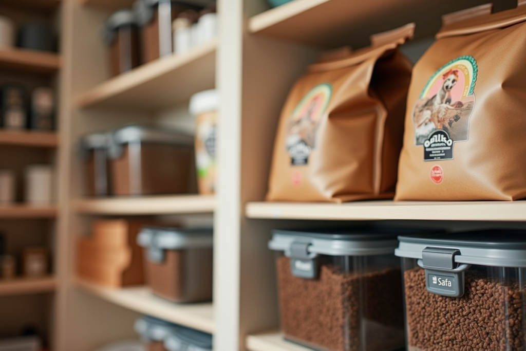 Bulk dog food bags stored in organized home pantry
