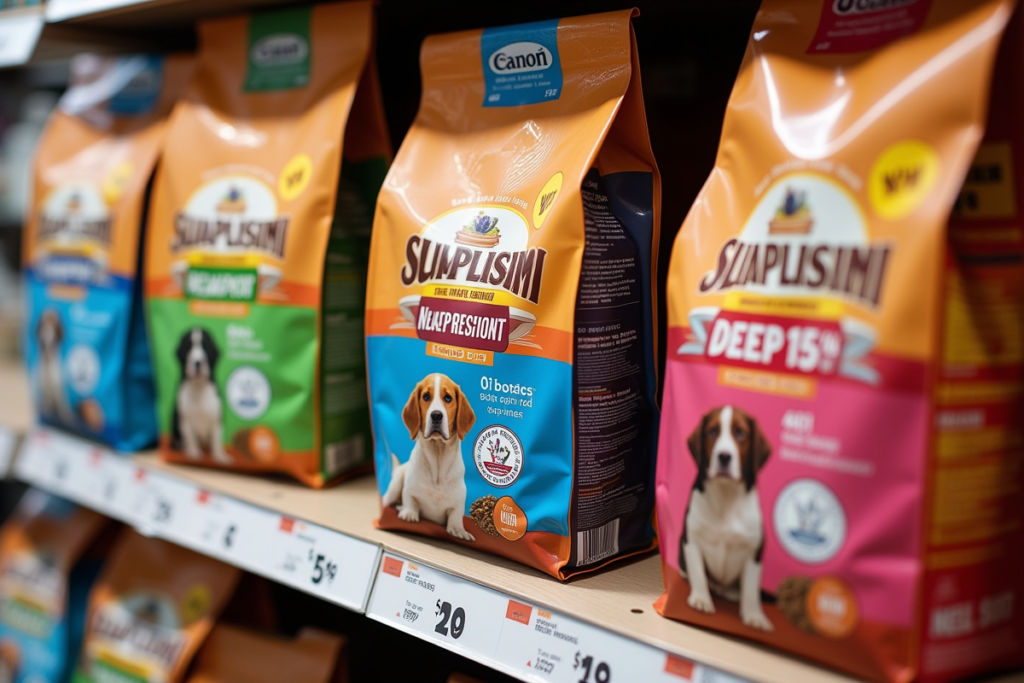 Three bags of dog food on store shelf for price comparison