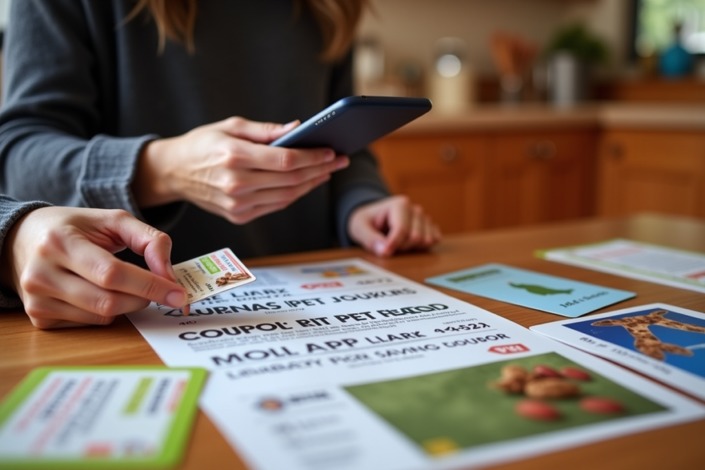 Pet food coupons and loyalty cards with phone showing app deals