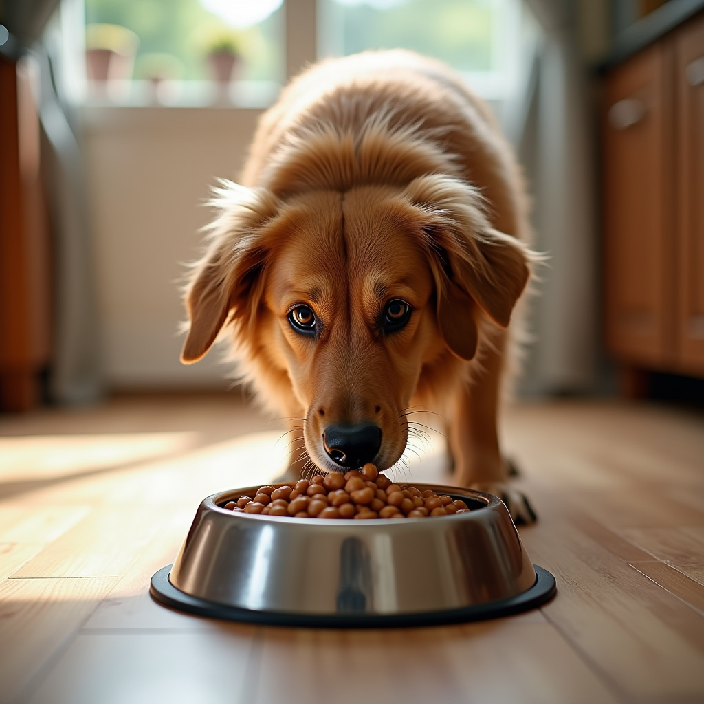 A large breed dog eating from a stainless steel bowl