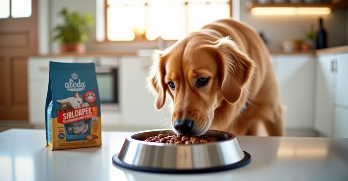 Happy golden retriever eating from stainless steel bowl in bright kitchen