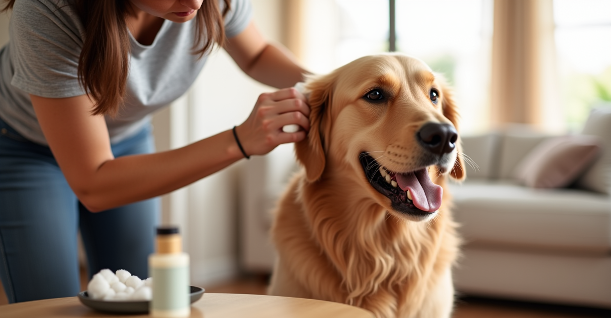 Golden retriever getting ears cleaned by caring owner