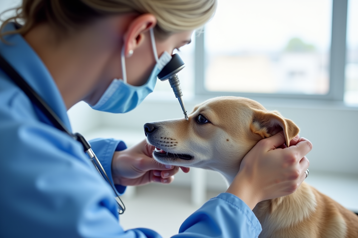 Veterinarian examining dog ear with otoscope in clinic