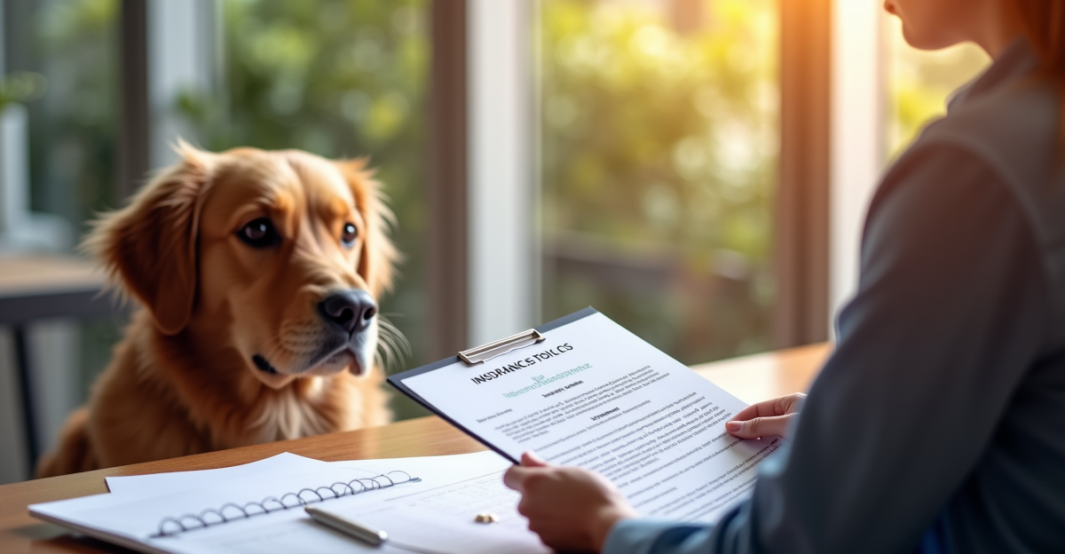 Dog sitting with owner reviewing pet insurance documents at kitchen table