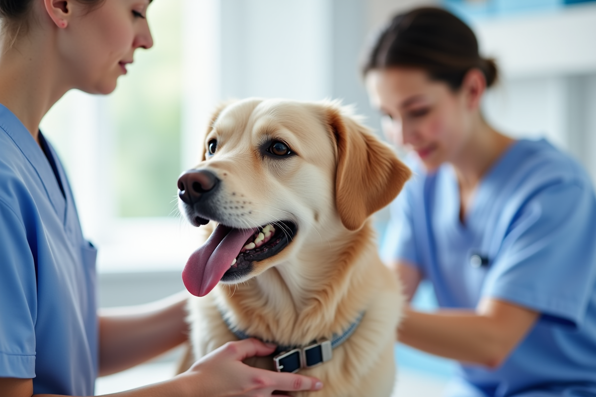 Veterinarian examining a dog on an examination table in a bright modern clinic