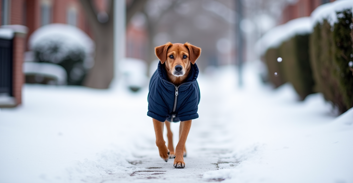 Small brown dog wearing quilted navy blue winter jacket walking on snowy sidewalk