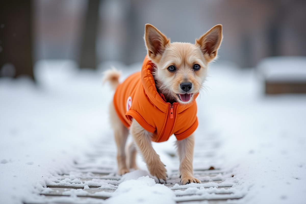 Small terrier dog wearing padded orange dog jacket stepping through light snow on park path