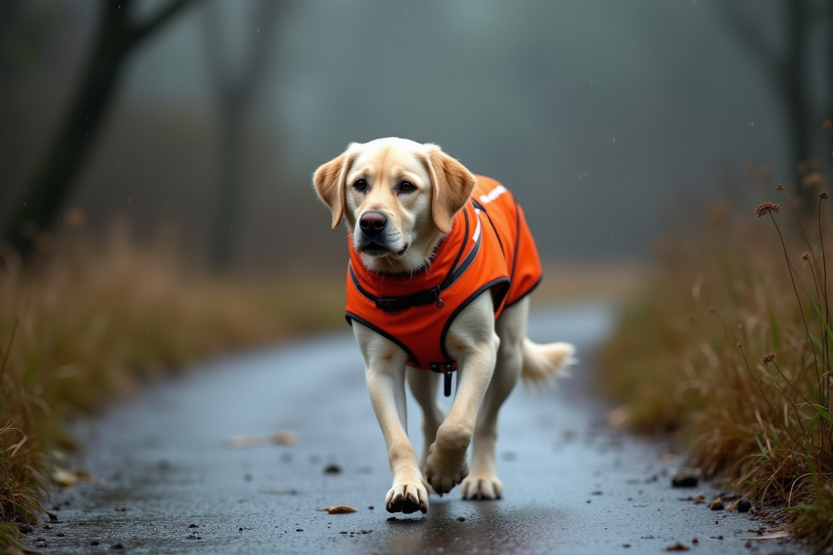 Yellow Labrador wearing waterproof dog jacket with reflective strips walking in rain on wet trail