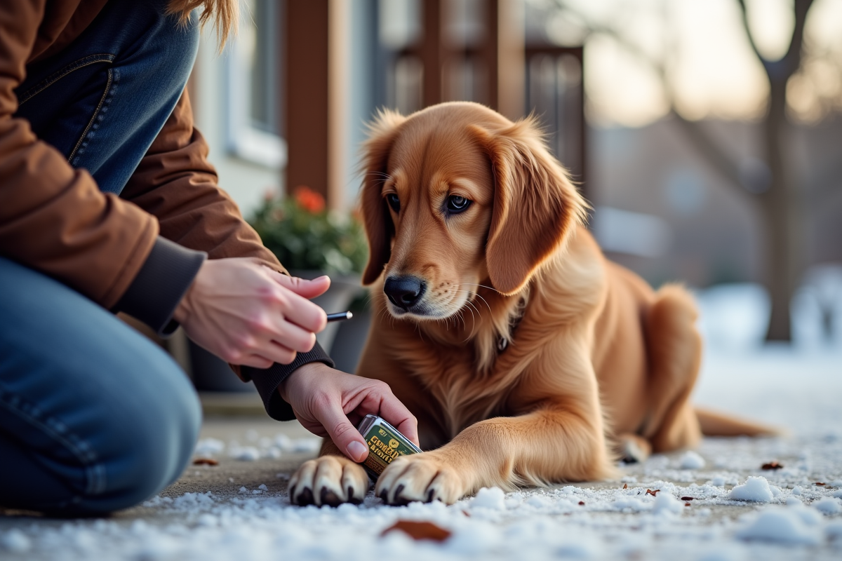 Dog owner applying paw balm to golden retriever paw pads on snowy porch