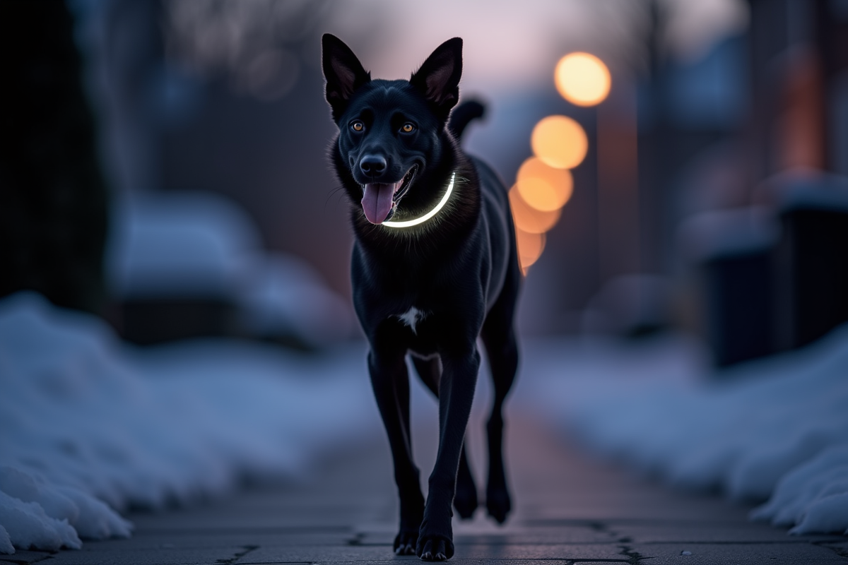 Dark-coated dog wearing LED light collar walking on suburban sidewalk at dusk