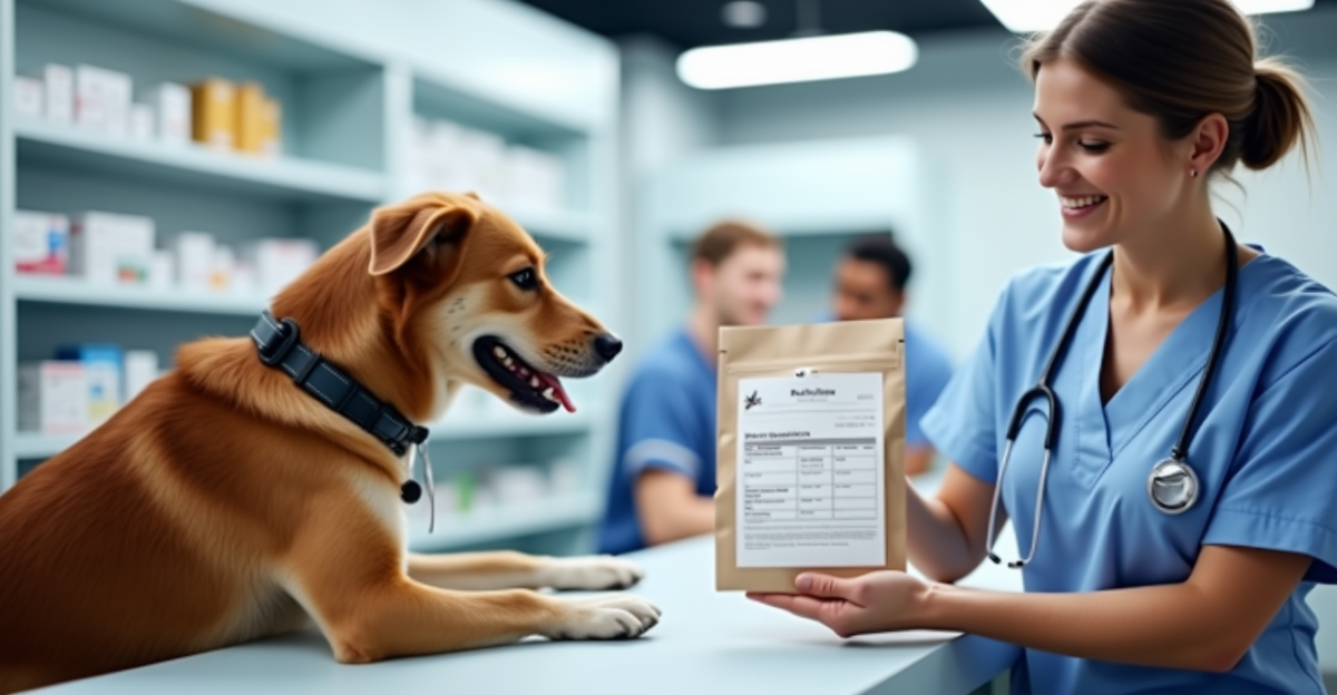 Pharmacist handing prescription bag to dog owner at modern pharmacy counter