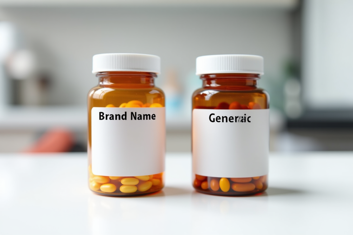 Brand name and generic pet medication bottles side by side on white counter