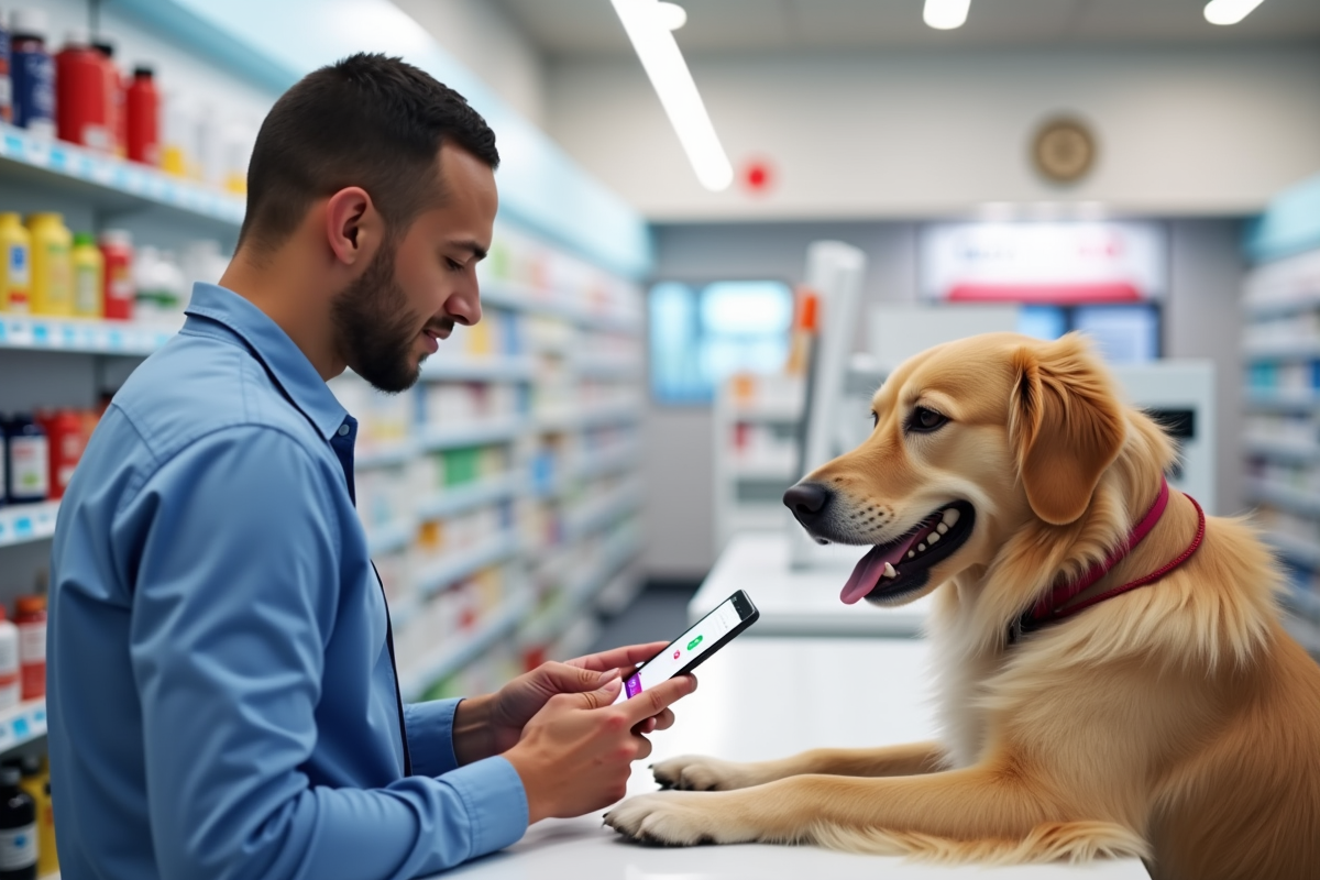 Dog owner using GoodRx app on phone at pharmacy counter