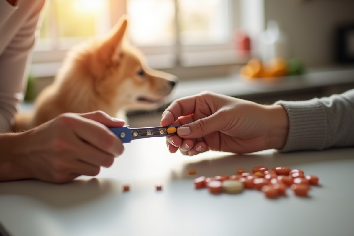 Person splitting pet medication pill with pill cutter on kitchen counter