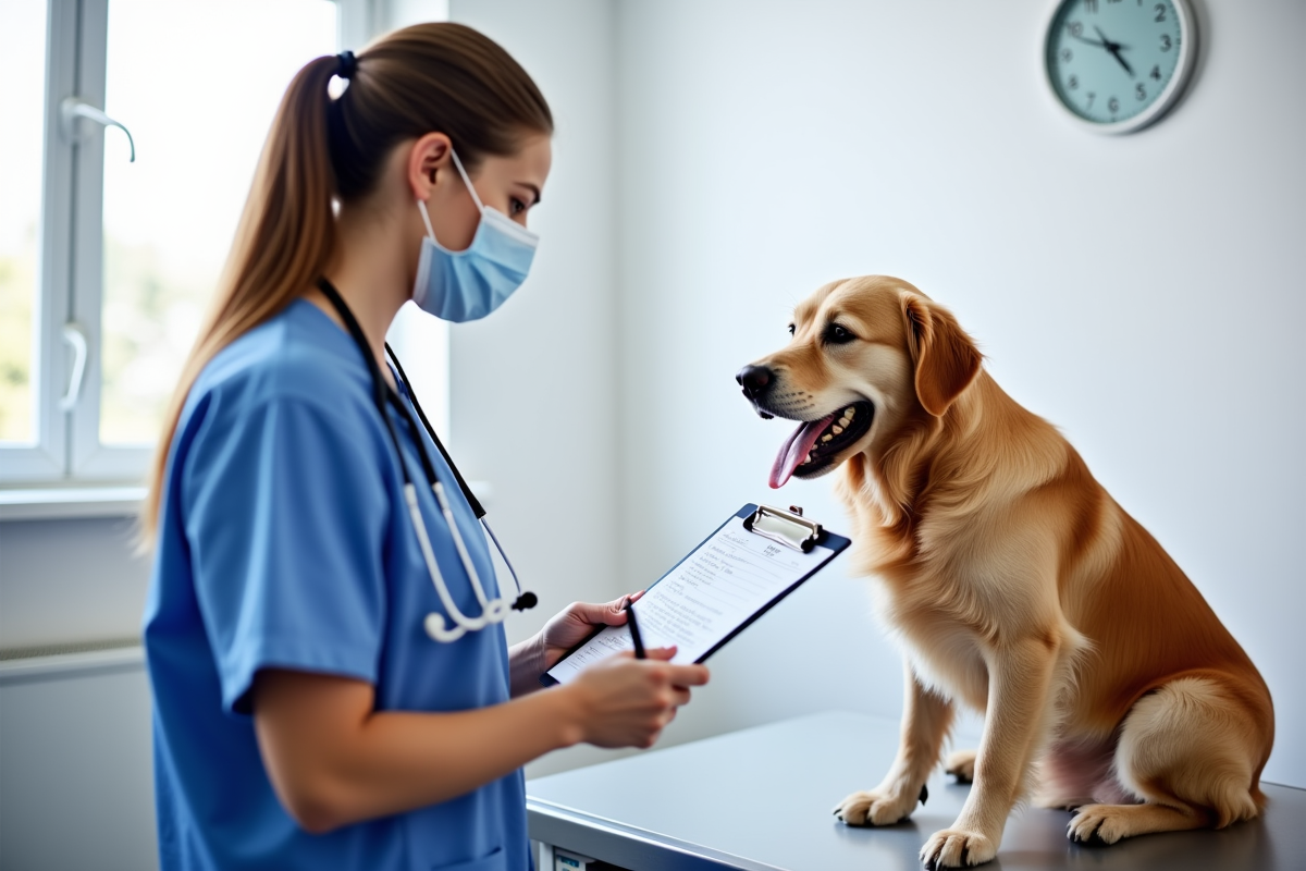 Veterinarian writing prescription while golden retriever sits on exam table