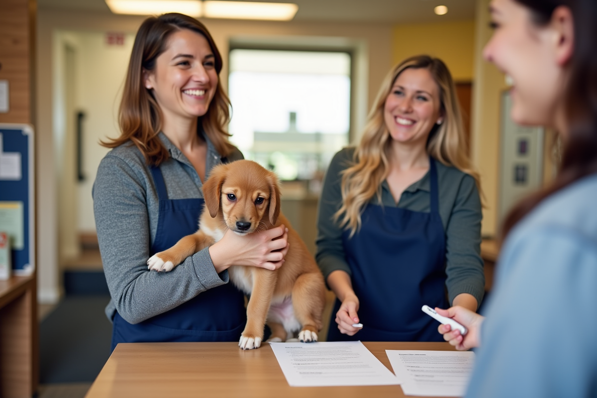 shelter adoption counselor handing a puppy to new owner
