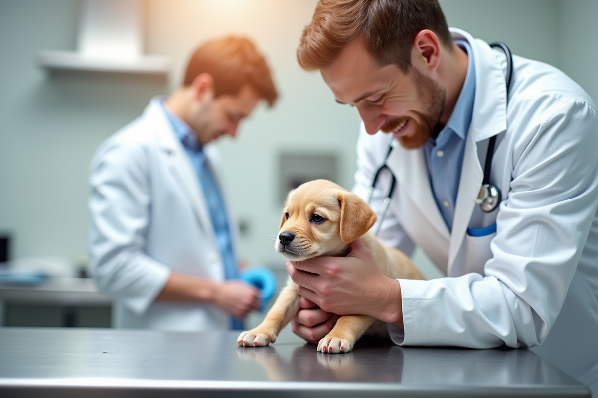veterinarian examining a small puppy on an exam table