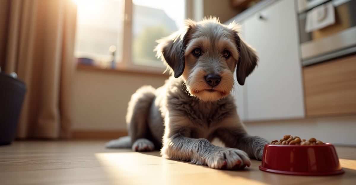 Calm senior grey-muzzled dog next to bowl of kibble