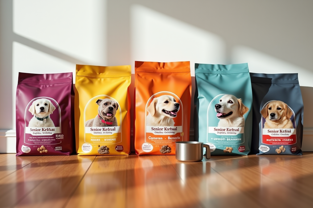Five senior dog food bags on wooden floor with measuring cup