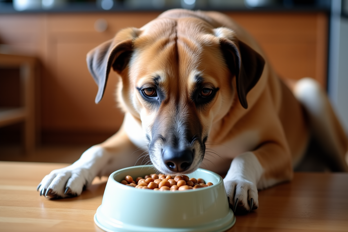 Senior dog eating from raised food bowl with grey muzzle