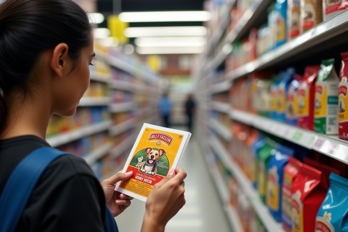 Person reading dog food label in pet store aisle