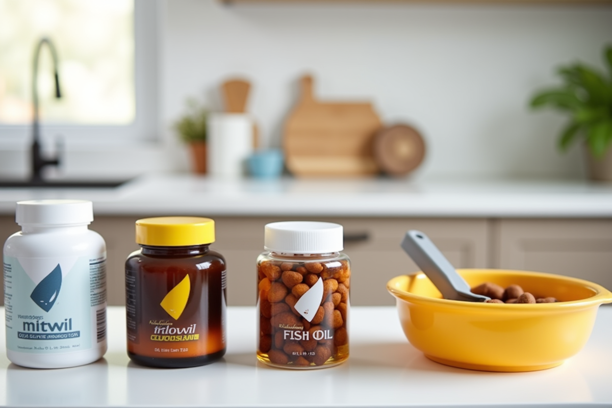Glucosamine and fish oil supplement bottles next to dog food bowl