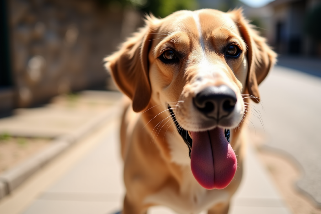 Dog panting heavily on a hot sidewalk with tongue out showing signs of overheating