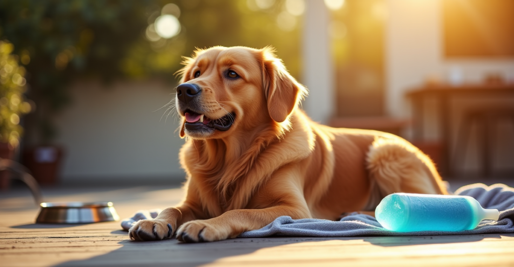 Dog relaxing in shade on a hot summer day with a cooling mat and water bowl nearby