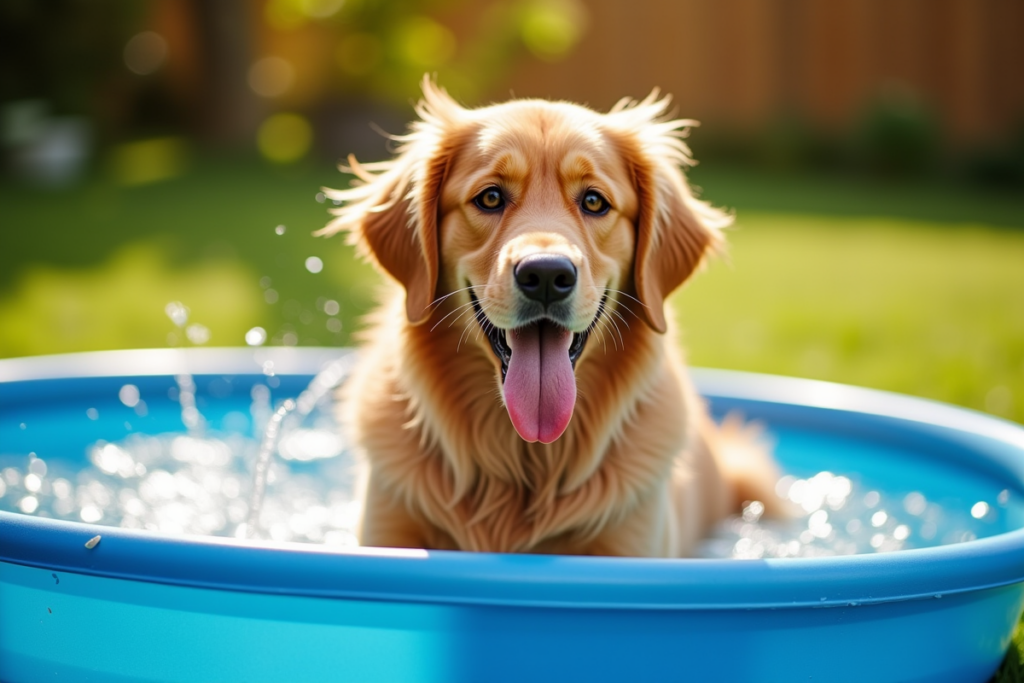 Golden retriever sitting in a plastic kiddie pool in the backyard on a sunny day cooling off with water