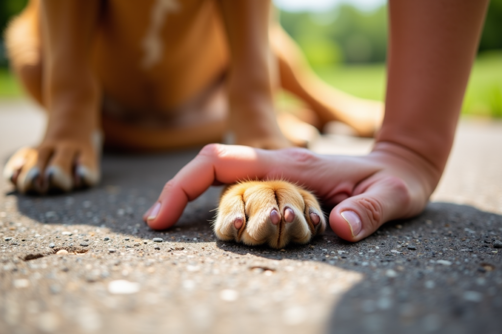 Close-up of a dog's paw pads on a hot sidewalk with the hand test being performed