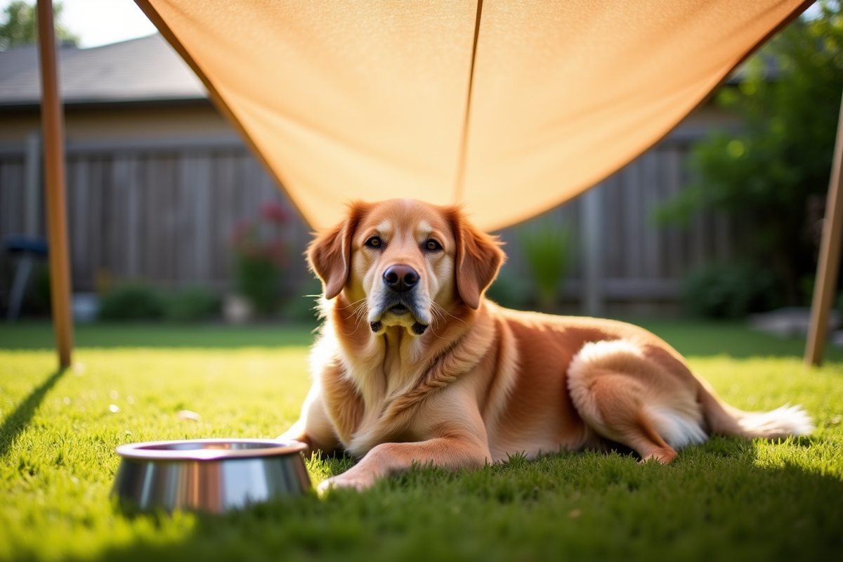 A dog relaxing under a shade canopy in a backyard during summer with a water bowl nearby