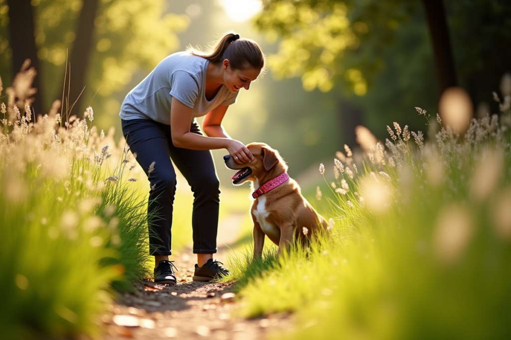 Dog being checked for ticks in tall grass during a summer walk through a nature trail