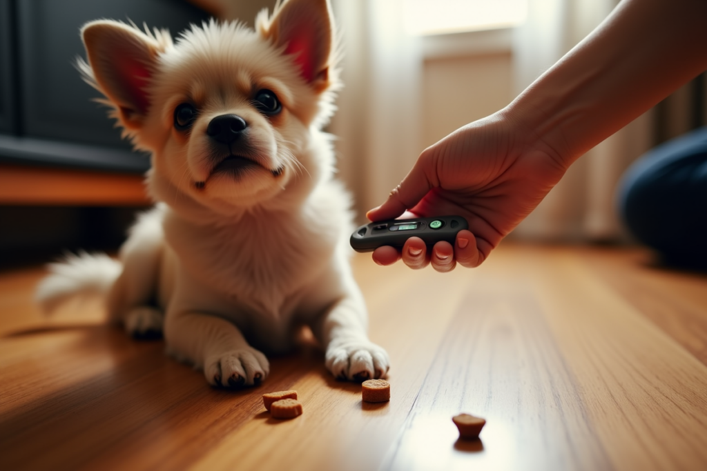Close-up of clicker training session with dog responding to clicker and treats on wooden floor