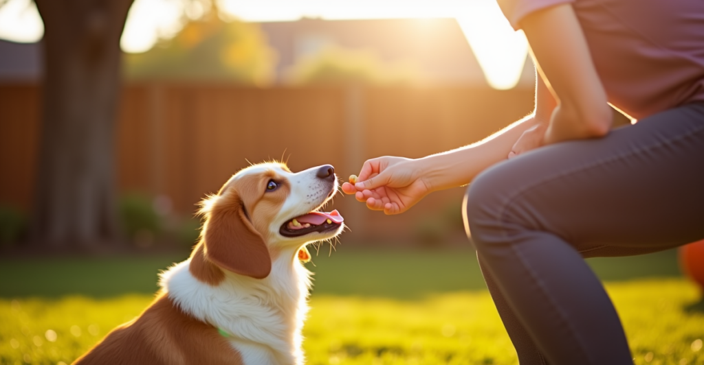 Happy dog sitting attentively beside owner in sunny backyard with clicker and treats