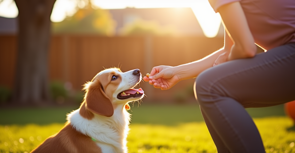 Happy dog sitting attentively beside owner in sunny backyard with clicker and treats