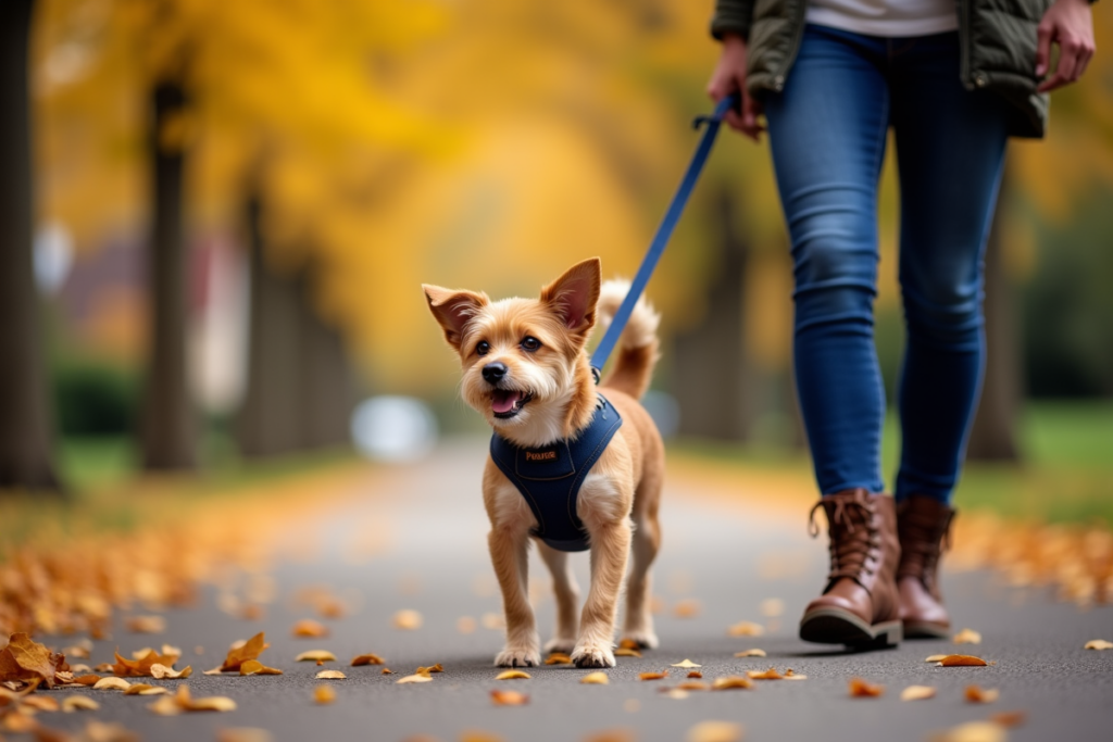 Small dog walking nicely on leash with front-clip harness on tree-lined suburban sidewalk