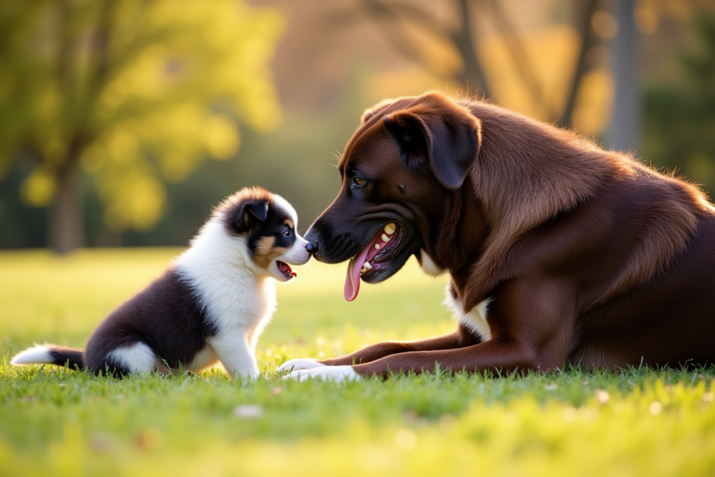 Happy puppy meeting friendly larger dog at local park for free socialization