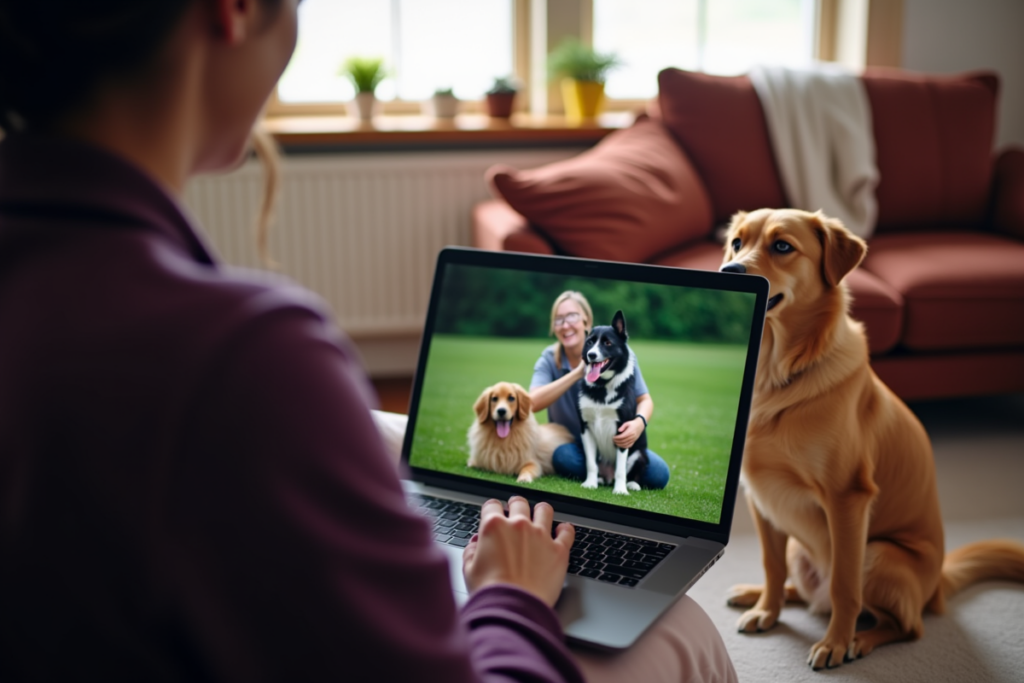 Person watching free dog training video on laptop with dog nearby in living room