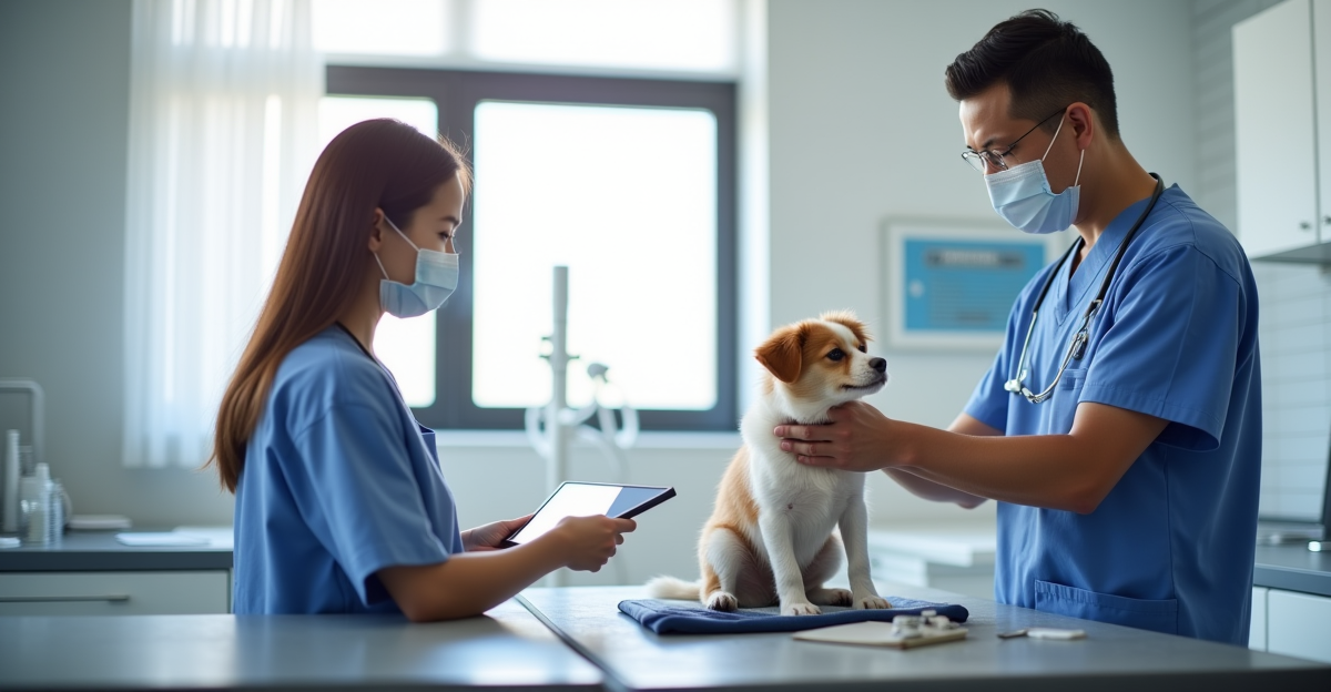 Pet owner talking with veterinarian at clinic desk about treatment costs and payment options