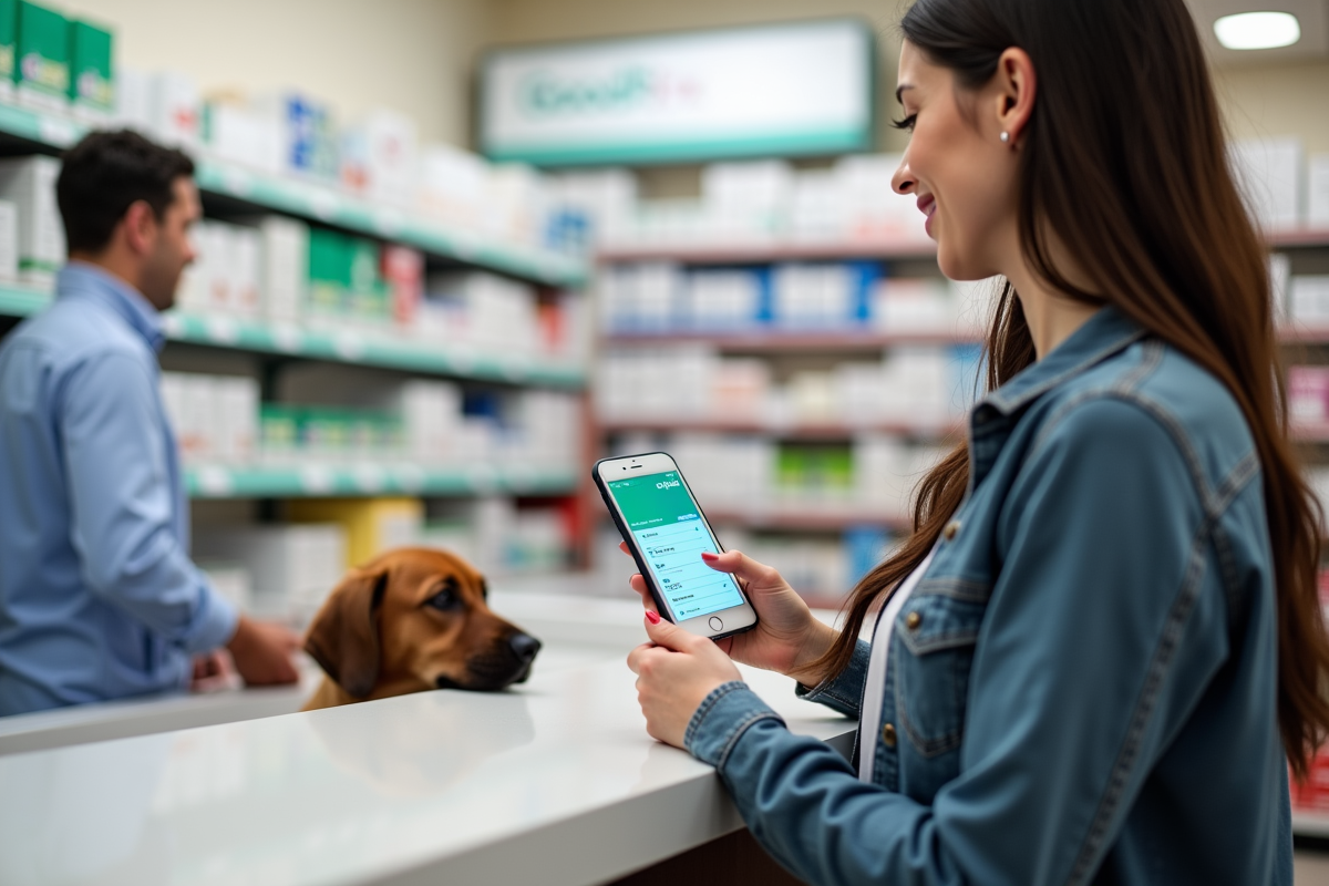 Pet owner at home checking their dog's temperature with a digital thermometer while a first aid kit sits open on the counter