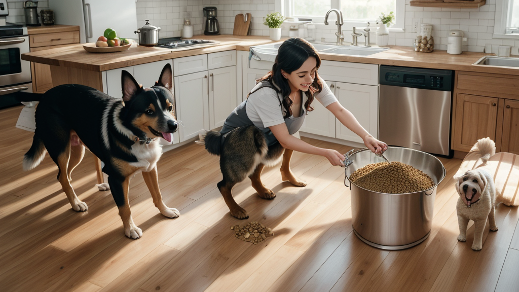 Happy dog with bags of premium dog food - saving money on pet food
